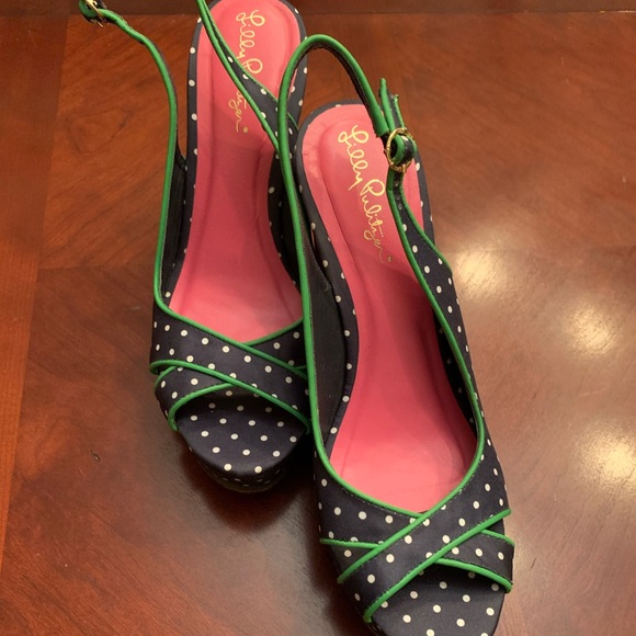 Lilly Pulitzer Navy and Green Polka Dot Wedge Heel - Picture 2 of 6